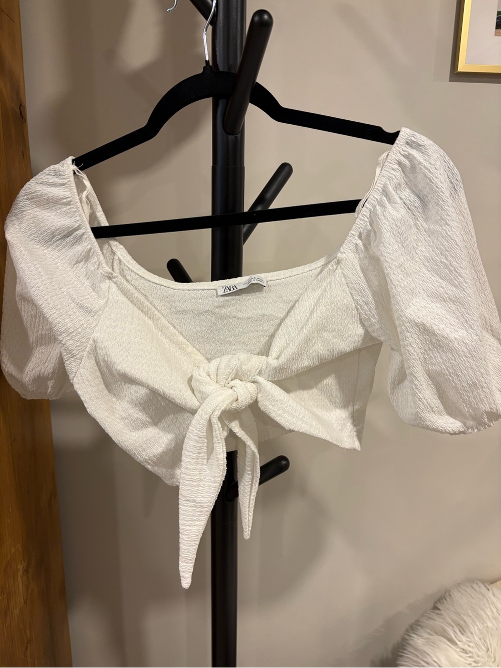 Zara Cream Textured Tie-Front Puff Sleeve Crop Top